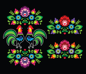 Polish folk art embroidery with roosters - traditional folk pattern