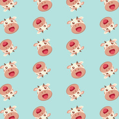 Fototapeta premium Vector seamless pattern with cute flat style cows isolated on soft blue background. 