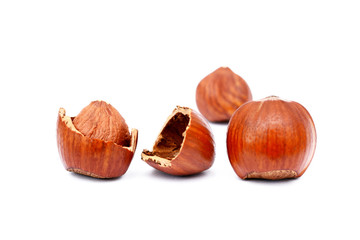 Group fresh hazelnuts isolated on white background