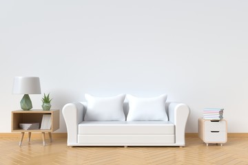 The interior has a White sofa and lamp on empty white wall background,3D rendering