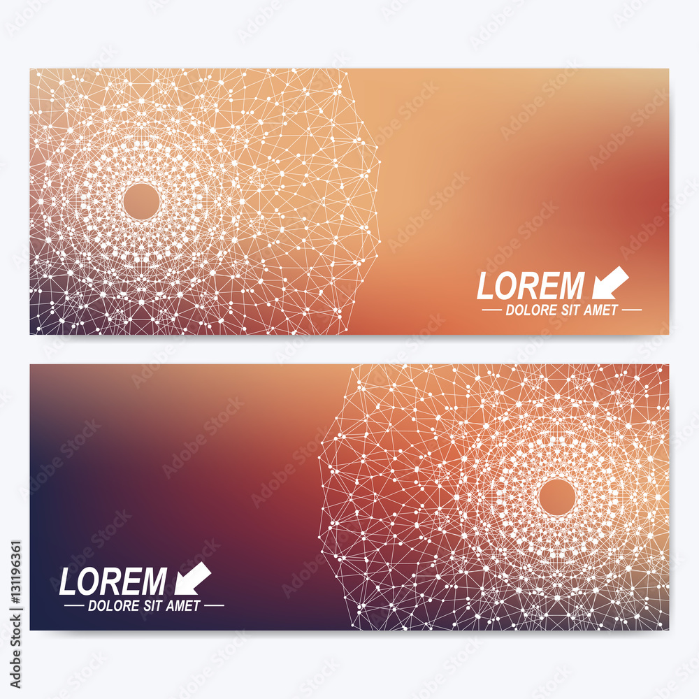 Poster Modern set of vector banners. Geometric abstract presentation with mandala. Molecule and communication background for medicine, science, technology, chemistry. Digital or science representation