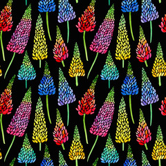 Fototapety  Floral seamless pattern of a colorful lupines flowers.Watercolor hand drawn illustration.Black background.