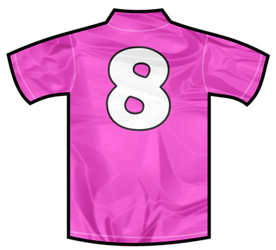Number 8 eight pink sport shirt as a soccer,hockey,basket,rugby, baseball, volley or football team t-shirt. For the goalkeeper or woman player