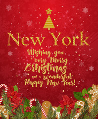 New York Merry Christmas and a Happy New Year greeting vector card on red background with snowflakes.