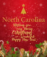 Fototapeta na wymiar North Carolina Merry Christmas and a Happy New Year greeting vector card on red background with snowflakes.