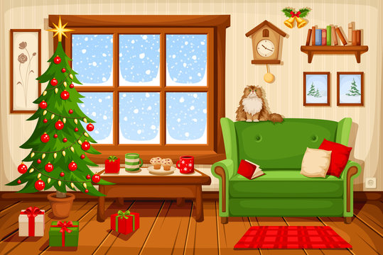 Vector illustration of Christmas living room with fir-tree, sofa and snowfall behind the window.