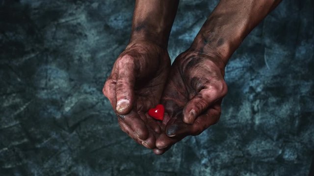 4k Technical Composition of Dirty Mechanic Hands Holding Heart
