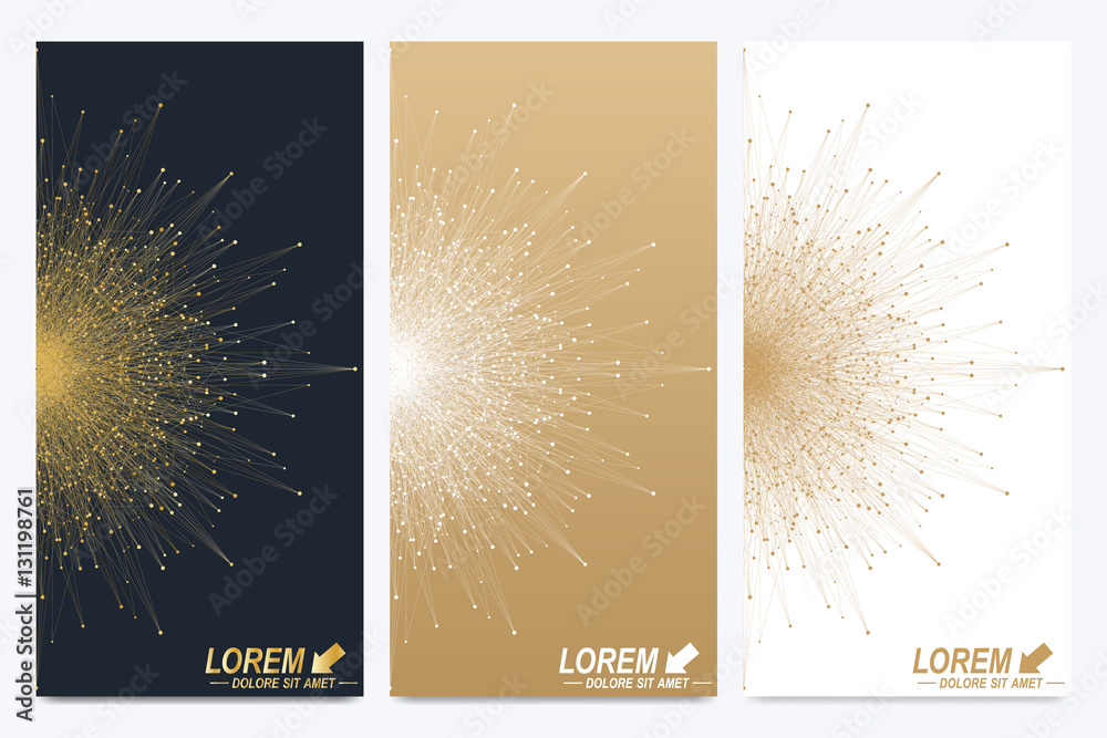 Aufkleber Modern set of vector flyers. Geometric abstract presentation. Molecule and communication background for medicine, science, technology, chemistry. Golden cybernetic dots. Lines plexus. Card surface