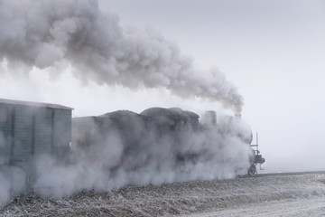 Steam train running in the fog