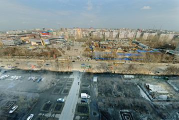 Tyumen, Russia - April 8, 2007: Aerial view onto Art Palace and Construction of Tyumen dramatic theater. Art-Palace now is demolished