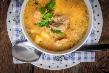 Soup with barley and chicken gizzards.