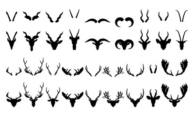 Deer Goat Caribou Horned Head and Horns Taxidermy Silhouette Set
