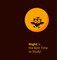 cute little owl over orange color full moon vector illustration.