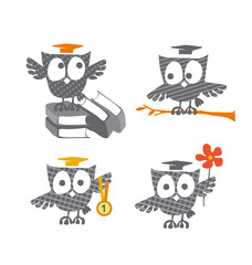 cute little owls icons with Academic Graduation Hat vector illus