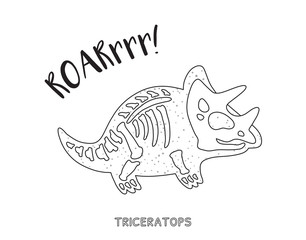 Black and white line art with dinosaur skeleton
