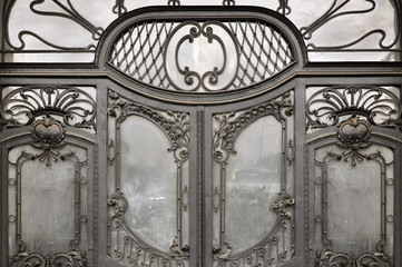 The entrance door to the Art Nouveau style. Elegant metal forged patterns and glass filling. Wroclaw, Poland