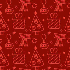 Cute christmas, new year seamless pattern background with doodle tree, gift box, scarf, decorations.