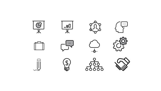 Animated interactive interface with business icons appearing on white background 