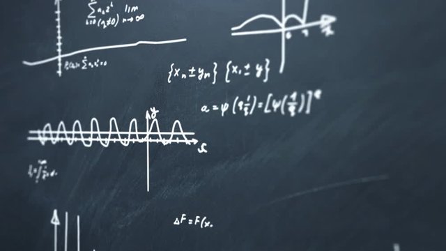 Animation of drawing algebra formulas and graphics with chalk on school blackboard 