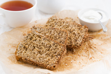banana bread and fresh tea for breakfast, closeup