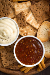 breads and appetizers with sauces, top view
