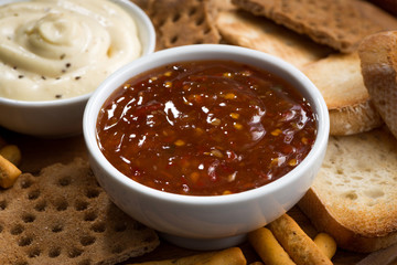 bread snacks and sauces, closeup