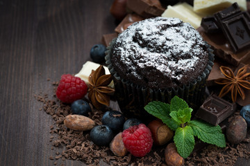 chocolate muffins with icing sugar and ingredients 
