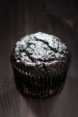 chocolate muffins with powdered sugar on a dark background