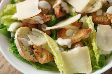 closeup shot of caesar salad with chicken