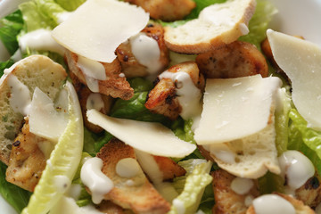 closeup shot of caesar salad with chicken
