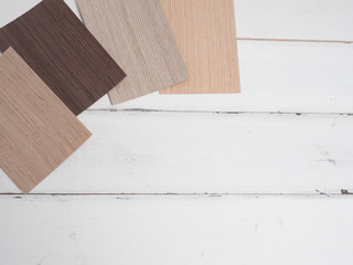Samples of veneer wood on white background. interior design select material for idea.
