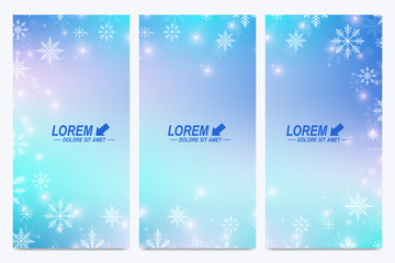 Fototapeta na wymiar Modern Happy New Year set of vector flyers. Christmas background. Design templates with snowflakes. Invitation cards surface.