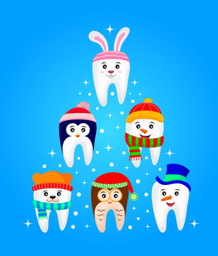 Cute Christmas teeth characters. polar bear, penguin, Owl, deer, bunny. illustration isolated on background. Great for celebration.