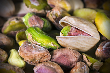 Group of roasted and salted pistachios - Macro photography

