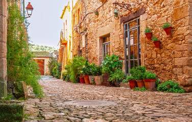 Fototapeta na wymiar A street in the old town of Peratallada, Catalonia, Spain. Medieval street in the mediaval town in Europe. Panoramic view of old town in beautiful evening light at sunset 