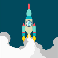 Rocket ship in a flat style.Vector illustration with 3d flying rocket.Space travel to the moon.Space rocket launch.Project start up and development process.Innovation product,creative idea.Management.