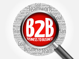 B2B (Business to Business) word cloud with magnifying glass, business concept 3D illustration