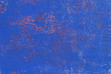 Scratches on blue and red colors surface. Acrylic on canvas. Rough brushstrokes.