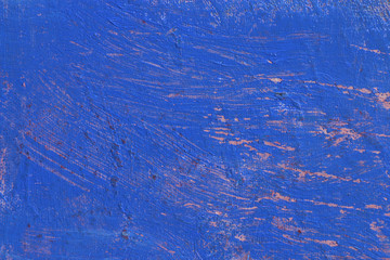 Scratches on blue and red colors surface. Acrylic on canvas. Rough brushstrokes.