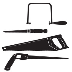 Icons of different carpentry saws. Coping saw, drywall saw, handsaw, keyhole saw. Black and white colors. 