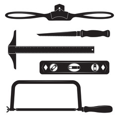 Construction tools icons. T-square, level, drywall saw, hacksaw, spokeshave. Black and white colors. 
