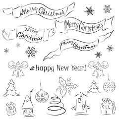 Christmas and New year decorative elements. Banners with lettering Merry Christmas, holly berry branches and bow, balls, Christmas trees, present boxes, snowflakes. Sketches, doodle, black color.