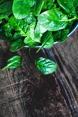 Fresh green spinach in blue bowl on the dark wood background wit