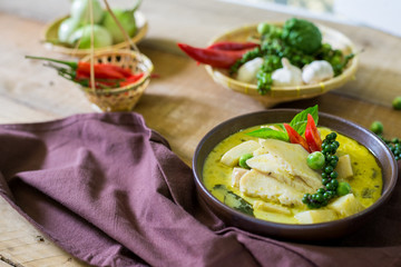 spicy hot chicken green curry with coconut milk soup in bowl,tha