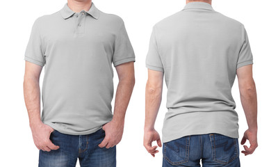 Shirt design and people concept - close up of man in blank grey t-shirt front and rear isolated....