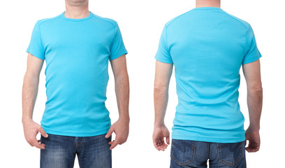 Shirt design and people concept - close up of man in blank blue t-shirt front and rear isolated. Clean empty mock up template for design set.