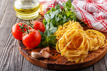Cutting board with ingredients, selective focus.