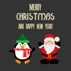 Vector illustration of a Santa and penguin with text merry christmas and happy new year on a gray background