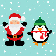 Vector illustration of a Santa and penguin on a snow background