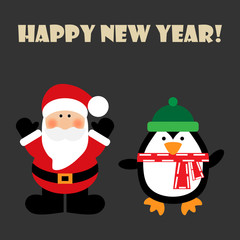 Vector illustration of a Santa and penguin with text happy new year on a gray background